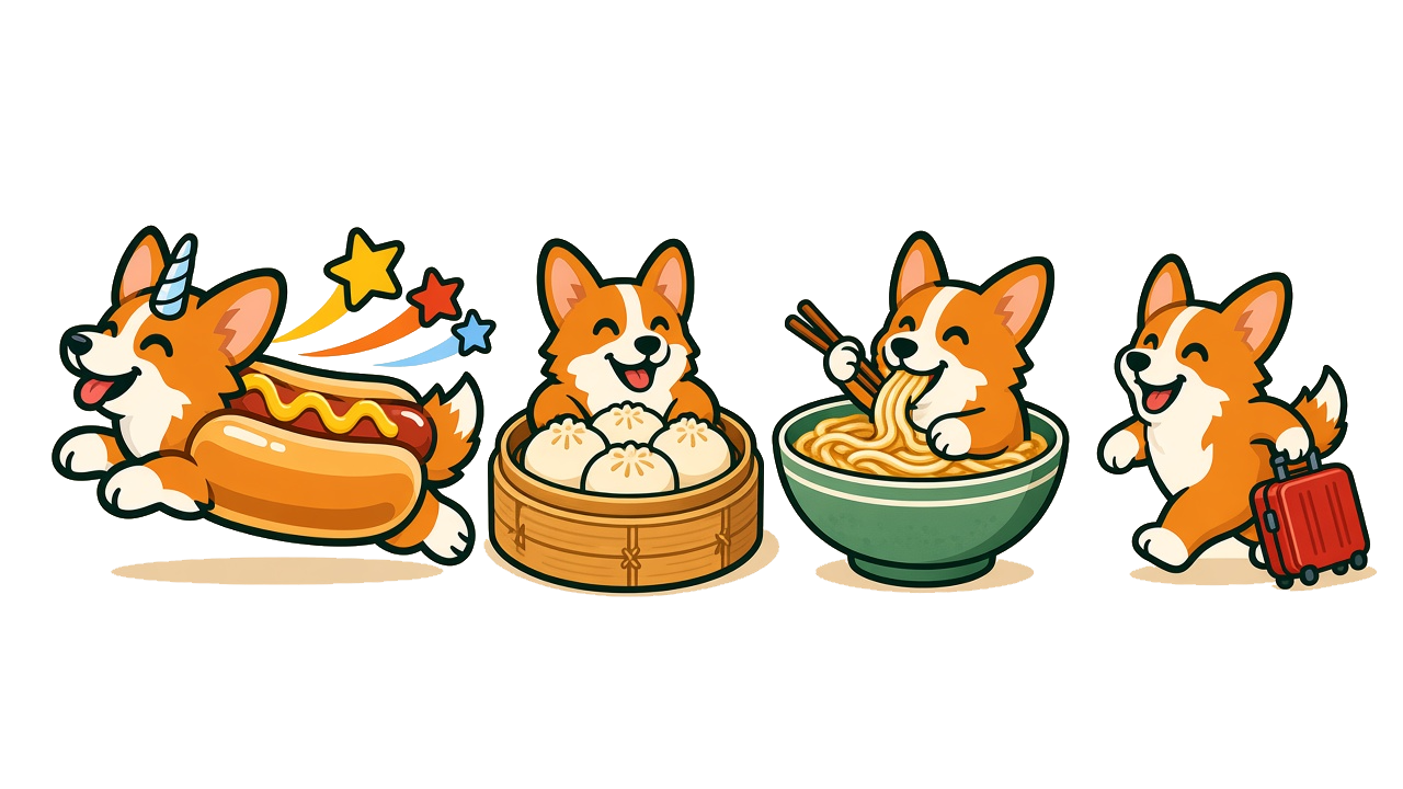 Four corgis travelling through a playful Chinese food menu